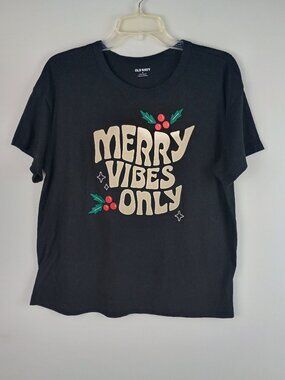 Old Navy Womens M Black Merry Vibes Only Mistletoe Holly Berry Festive Tshirt